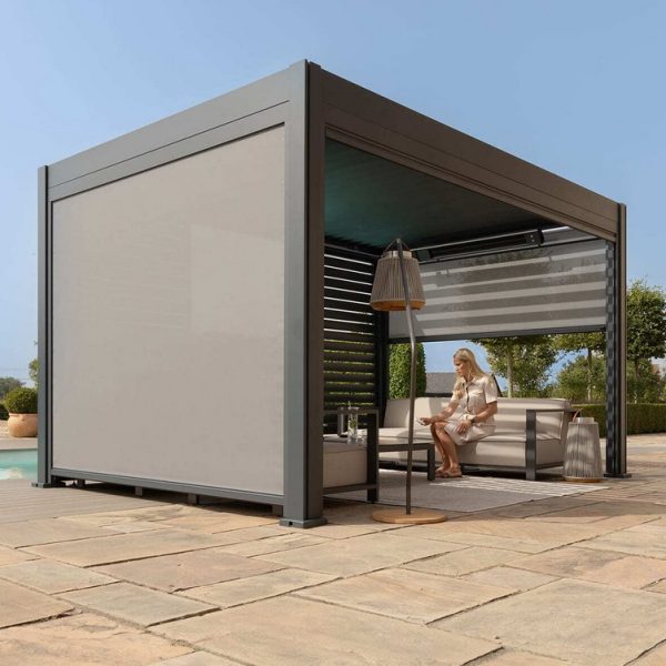 Eden Freestanding Motorised Pergola (with LED Lights, 3 Drop Sides & 4m Louvre Wall)
